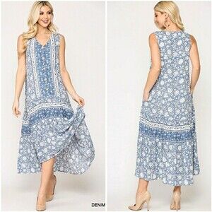 Gigio Plus L Floral Print mix ruffle dress High Low Sleeveless Blue